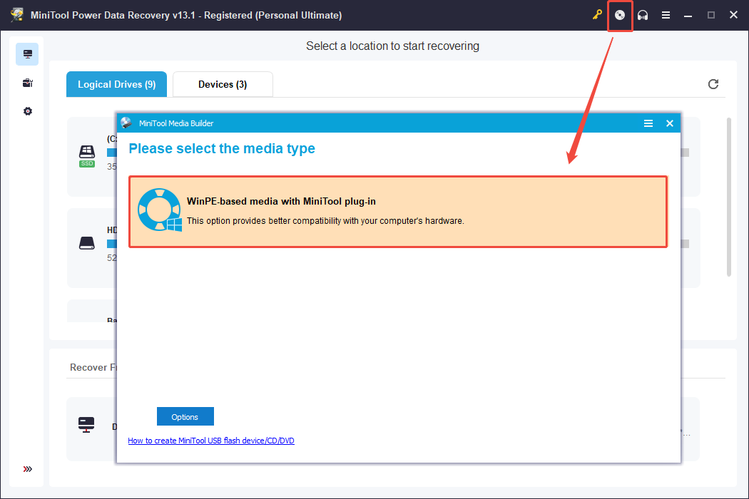 MiniTool Power Data Recovery main interface shows the Bootable Media Builder button.