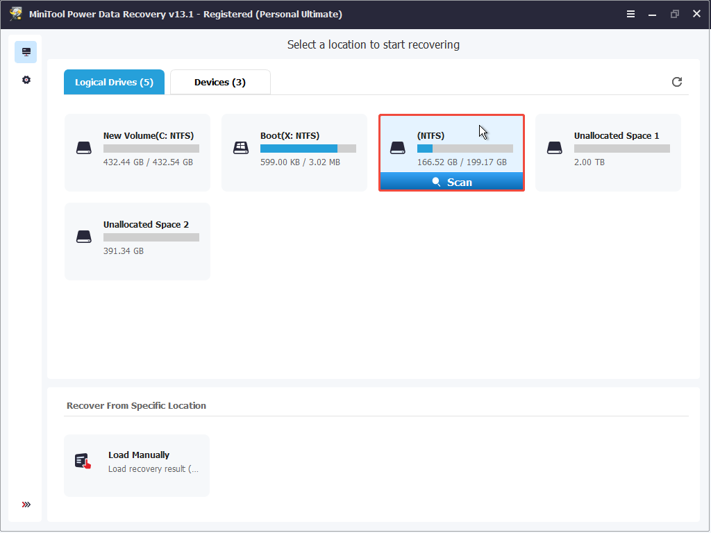 MiniTool Power Data Recovery interface shows the highlighted system drive and the Scan button.