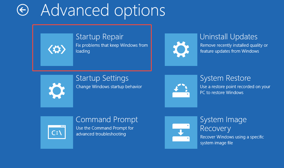 Advanced options interface shows the Startup Repair option.
