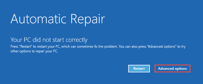 The Automatic Repair interface shows the Advanced options button.