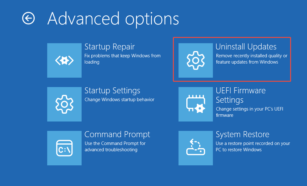 The Advanced options interface shows the Uninstall Updates option.
