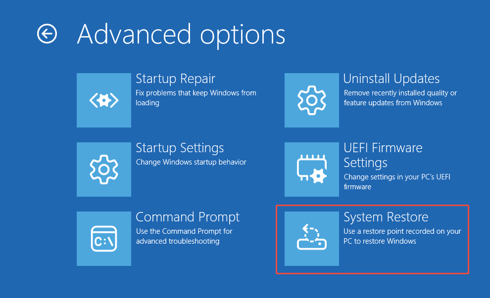 The advanced options interface shows the System Restore option.