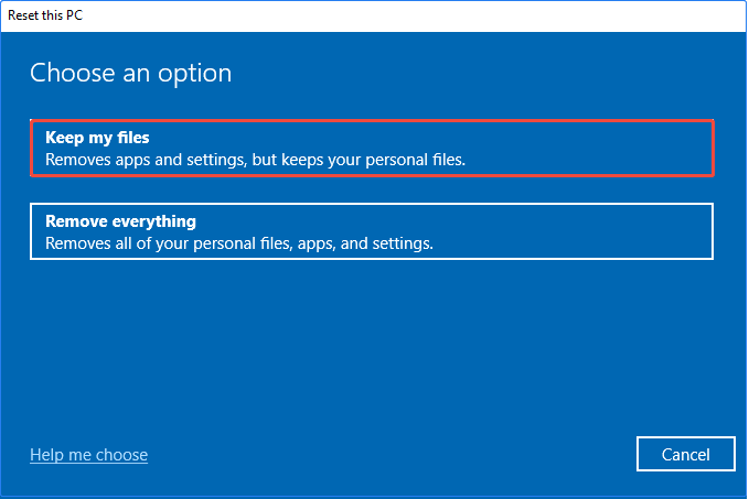 The Reset this PC interface shows the Keep my files option.