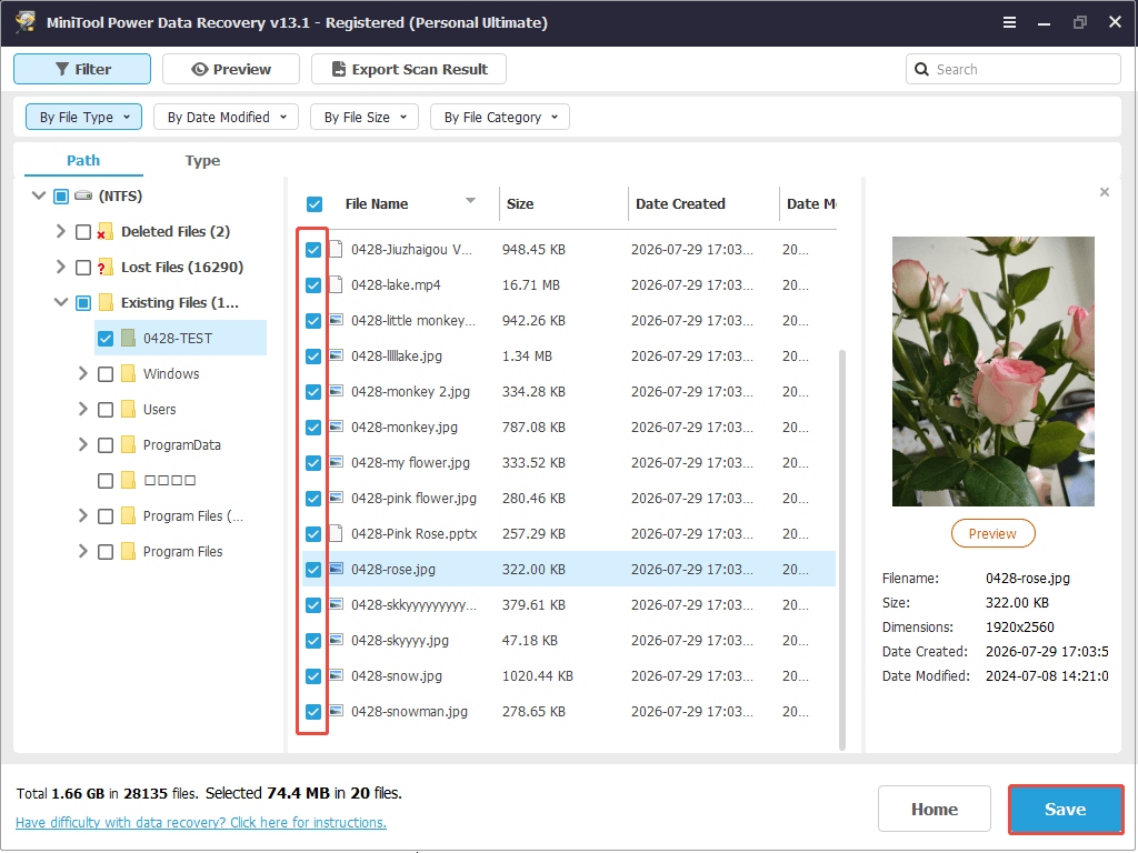 MiniTool Power Data Recovery scan results page shows selected files and the Save button.