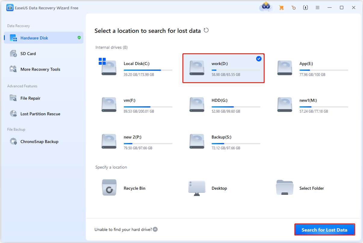 EaseUS Data Recovery Wizard main interface shows the internal drives and the Search for Lost Data button.