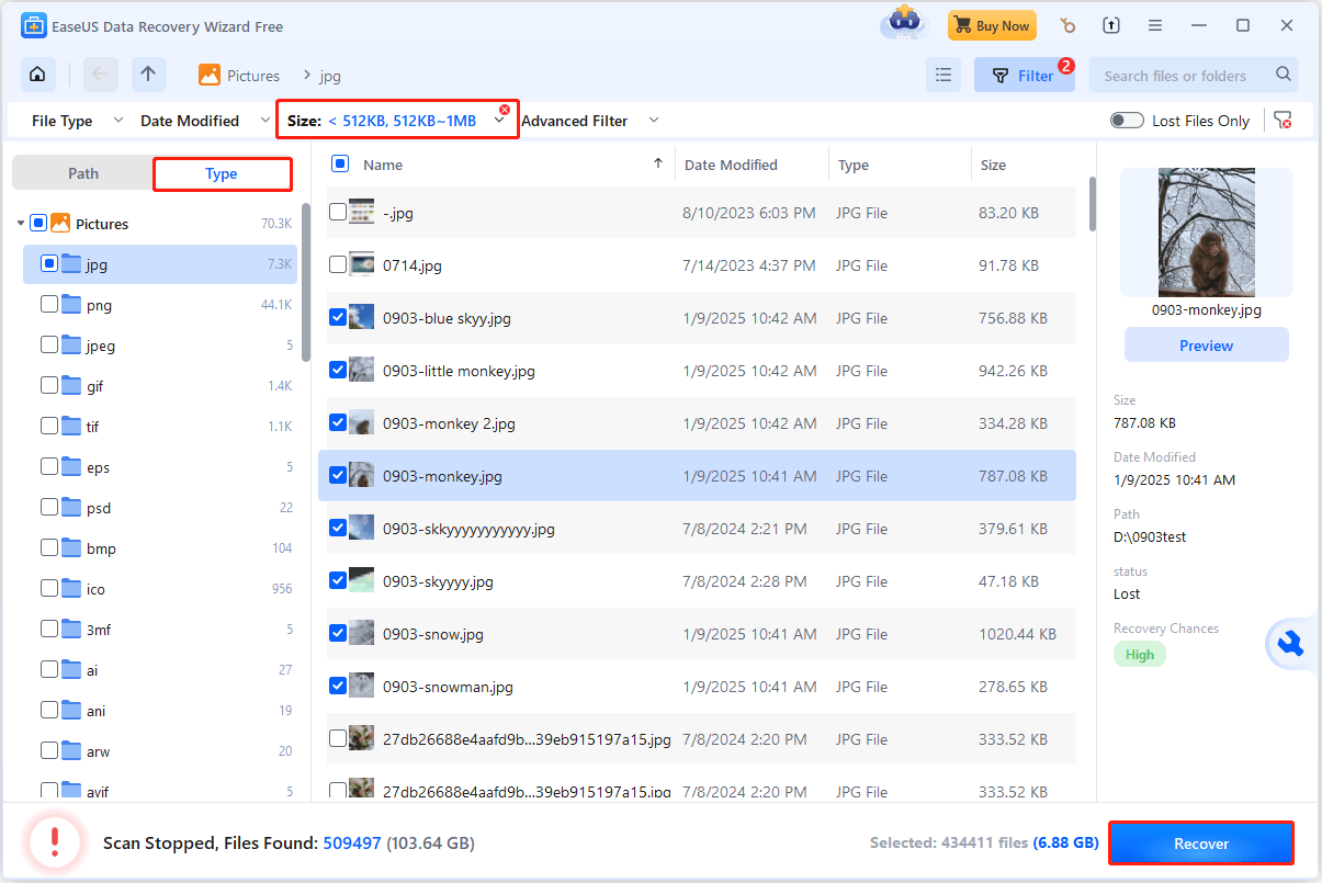 EaseUS Data Recovery Wizard interface shows the pictures that are smaller than 1 MB under the Type tab.