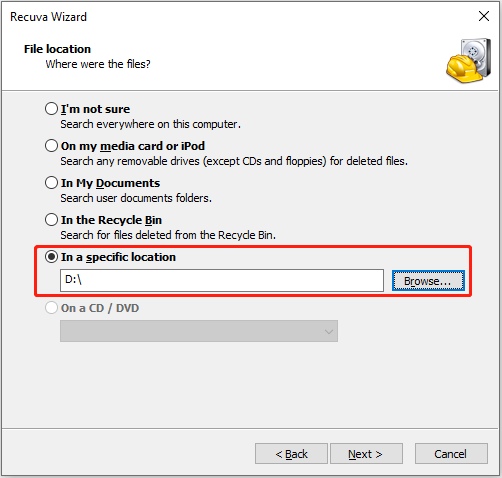 Recuva interface shows the options to specify the location to scan.