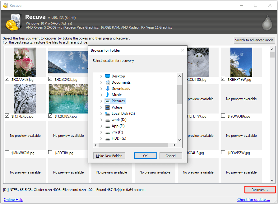 Recuva interface shows recoverable files, the Recover button, and available storage paths.