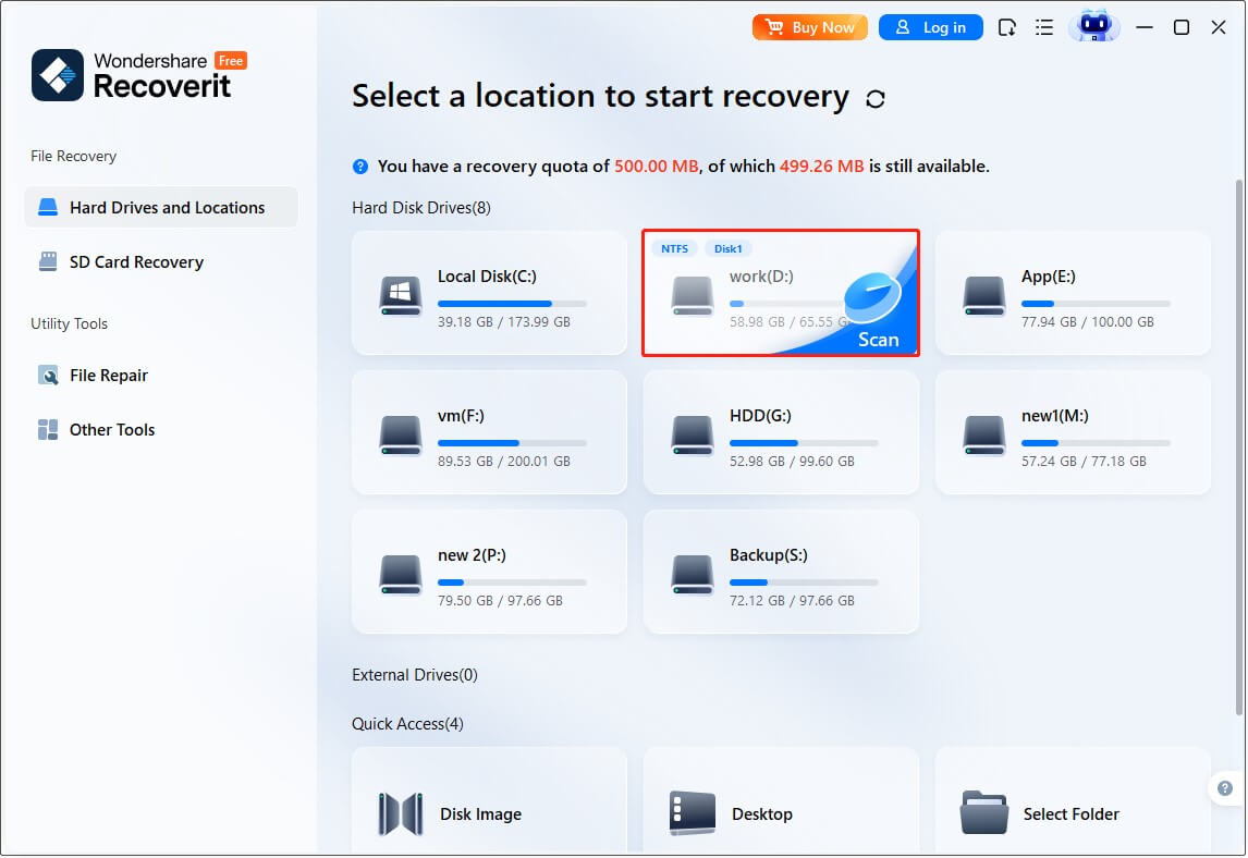 Wondershare Recoverit main interface shows hard disk drives and the Scan button.