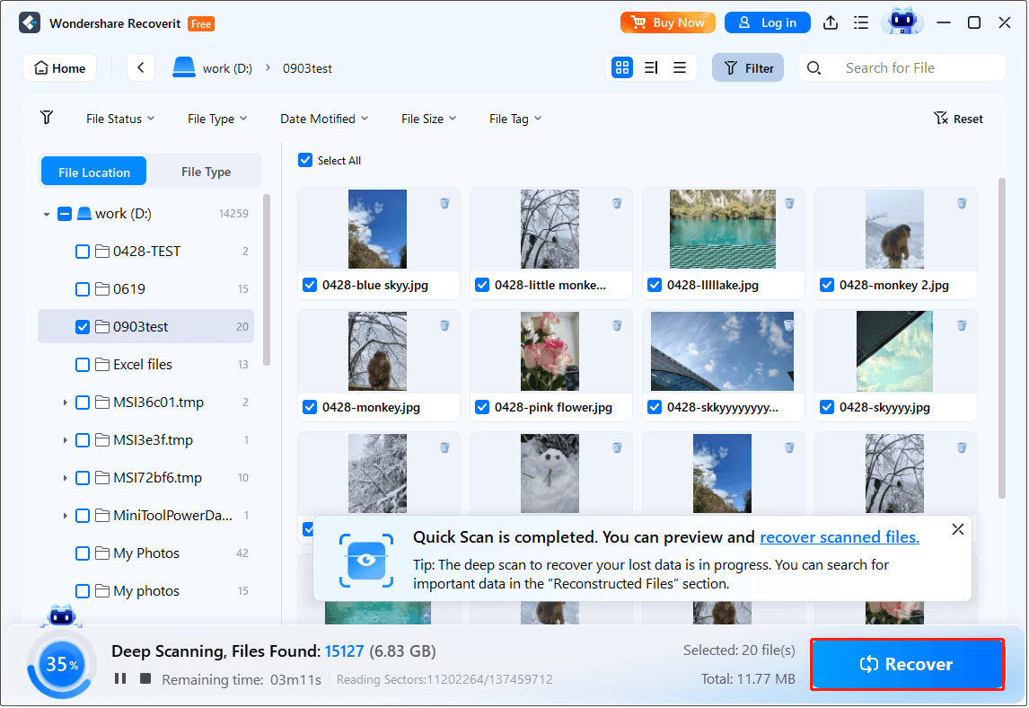 Wondershare Recoverit interface shows the detected files and the Recover button.