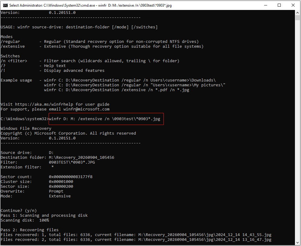 Windows File Recovery interface shows the Winfr command to recover JPG files from the test folder.