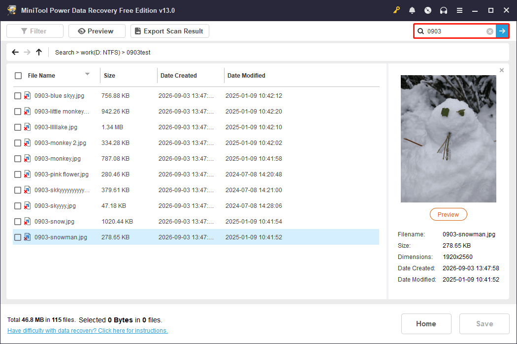 MiniTool Power Data Recovery interface shows the search results for the keyword 0903.