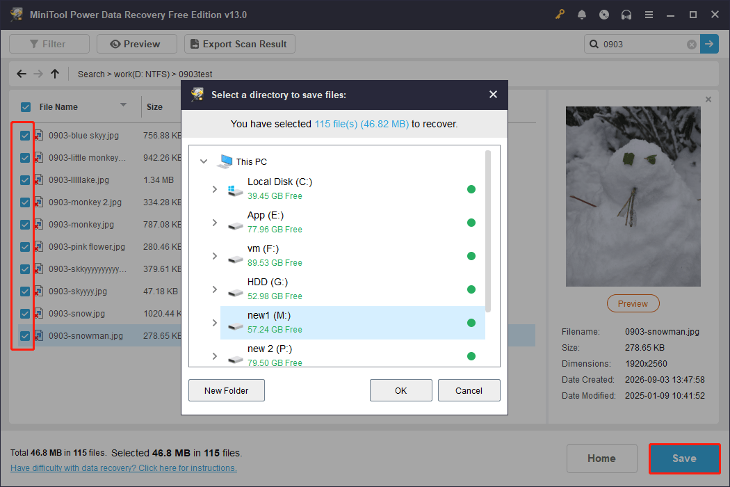 MiniTool Power Data Recovery file saving interface shows checked files, the Save button, and available storage paths.