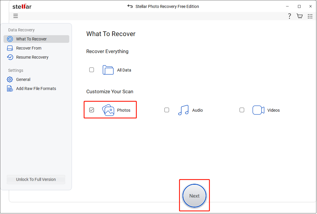Stellar Photo Recovery interface shows the file types available for scanning.