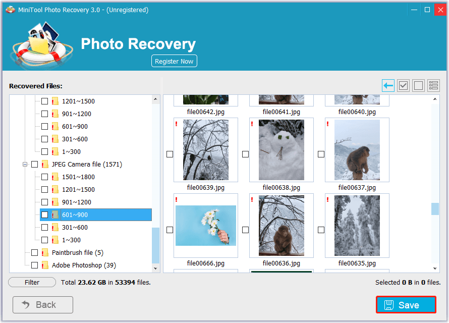 MiniTool Photo Recovery interface shows recoverable picture files and the Save button.