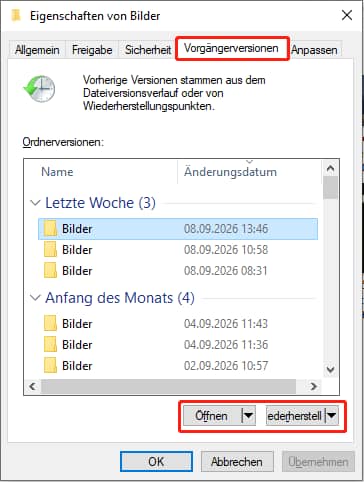 Das Fenster „Eigenschaften“ einer Datei zeigt die Optionen zum Öffnen und Wiederherstellen früherer Versionen.