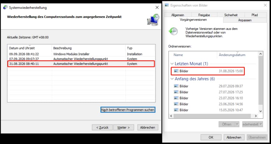 Die Abbildung zeigt, dass der Erstellungszeitpunkt des Systemwiederherstellungspunkts mit dem Erstellungszeitpunkt der vorherigen Version von Systemdateien übereinstimmt.
