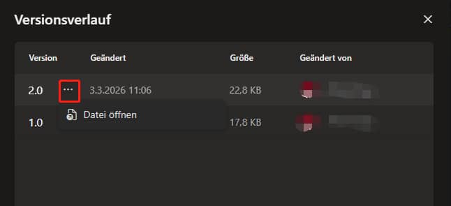 Die Benutzeroberfläche des OneDrive-Versionsverlaufs zeigt die Schaltfläche „Wiederherstellen“ zum Wiederherstellen einer früheren Version einer Datei.