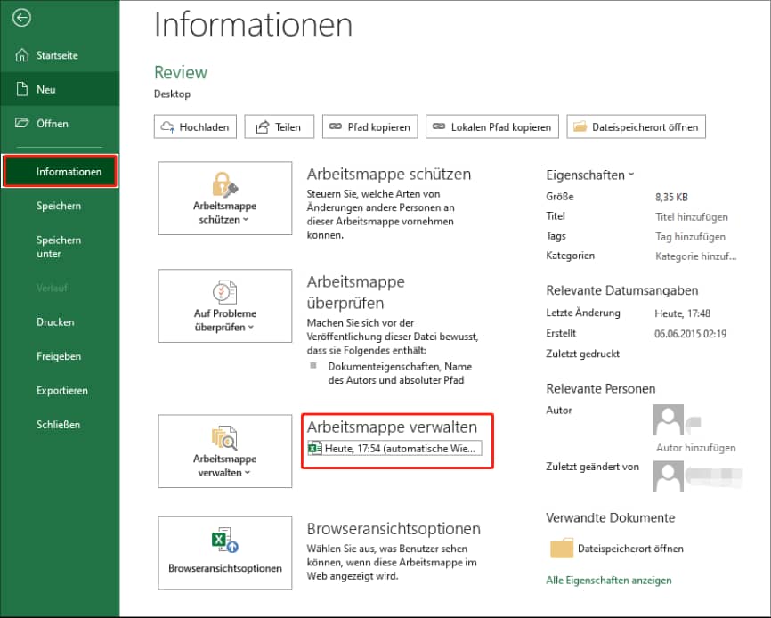 Die Excel-Oberfläche zeigt die früheren Versionen der Tabelle, die automatisch wiederhergestellt wurden.