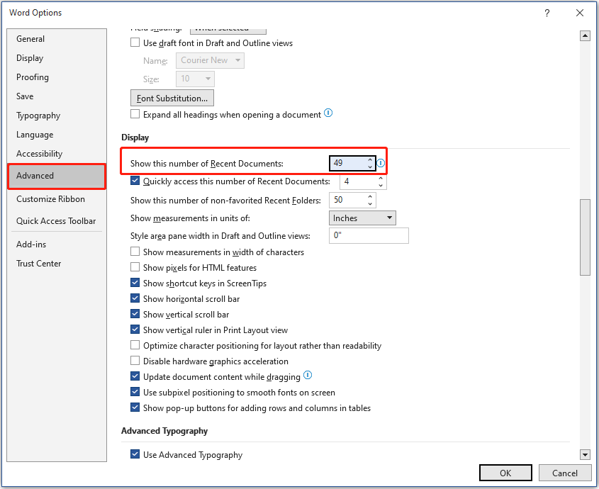 Word Options window shows the Show this number of Recent Documents setting.