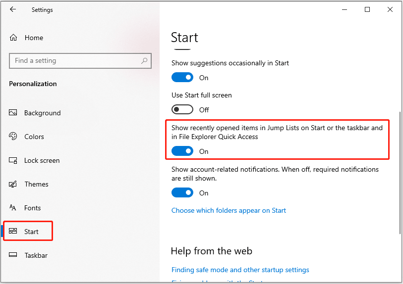 The Settings interface shows the option to show recently opened items in Jump Lists.