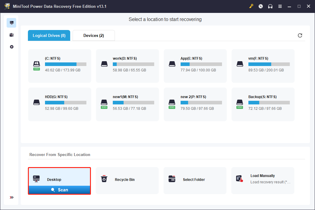 MiniTool Power Data Recovery main interface shows disk partitions and specific locations ready to scan.