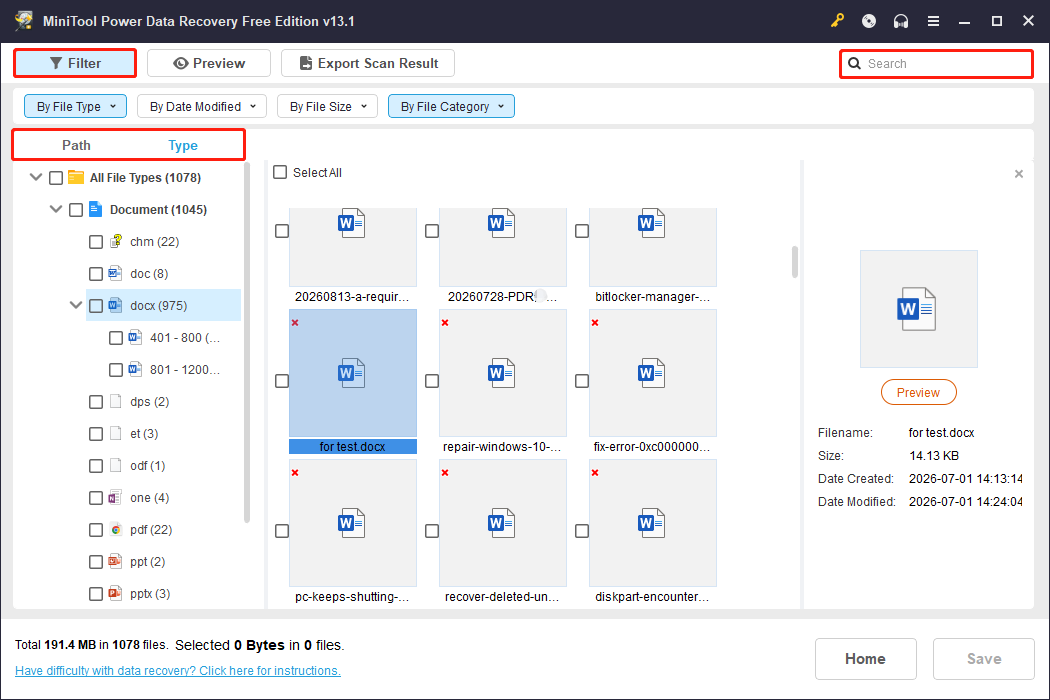MiniTool Power Data Recovery interface shows recoverable Word documents and the Filter and Search features.