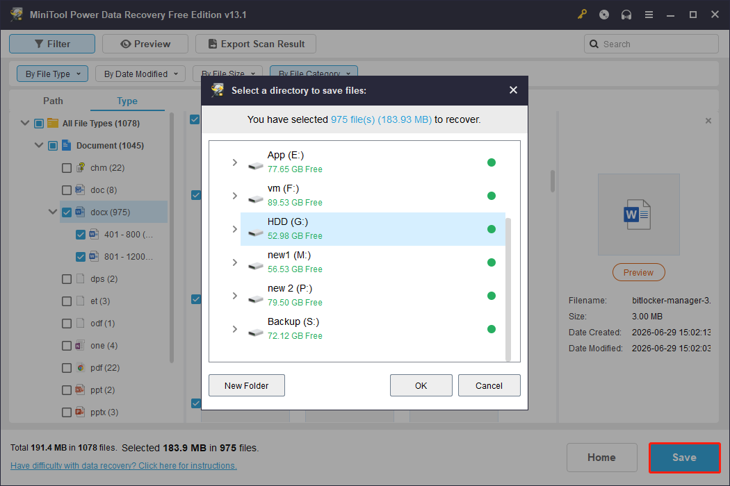 MiniTool Power Data Recovery interface shows the Save button and the file saving window.
