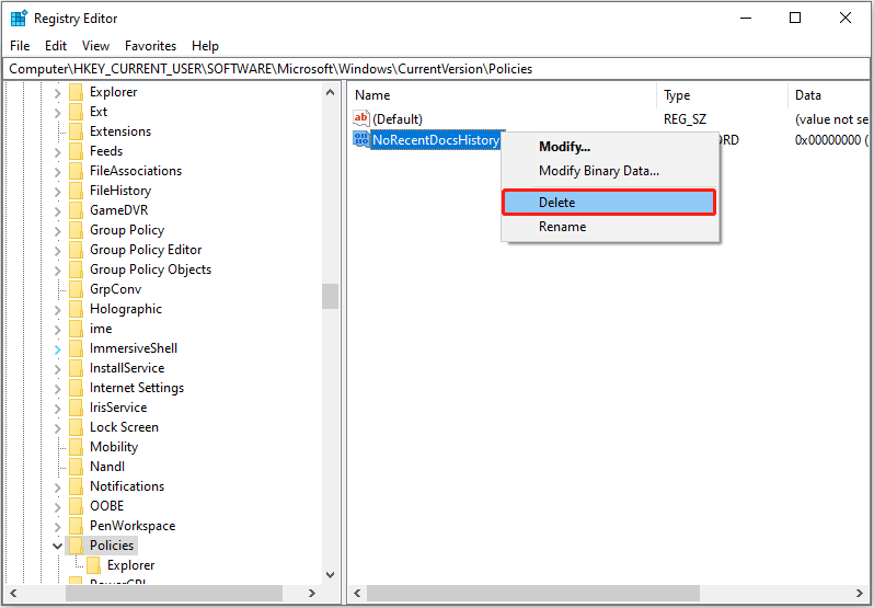 Registry Editor interface shows how to delete the NoRecentDocsHistory value.