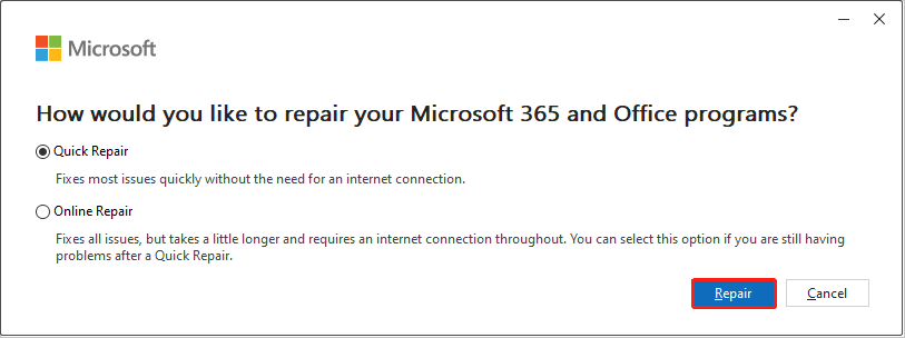 Office repair interface shows the Quick Repair and Online Repair options.